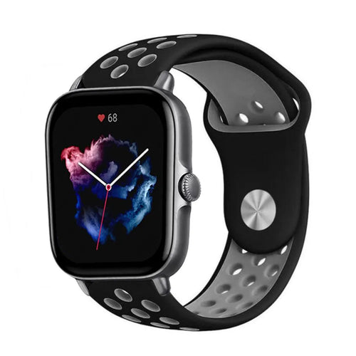 Silicone Sport Strap, black/grey, on a watch, 3/4 front view