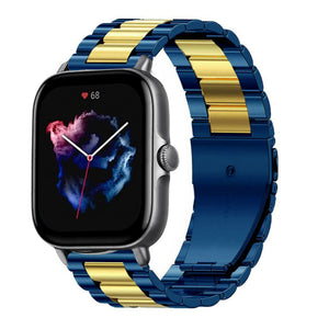 Steel Strap, blue/gold, on a watch, 3/4 front view