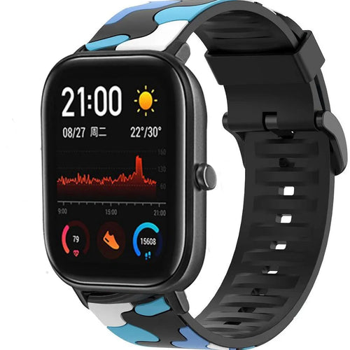 Silicone Camo Strap, blue, on a watch, 3/4 front view