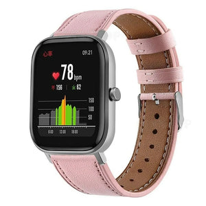 Modern Leather Strap, pink, on a watch, 3/4 front view