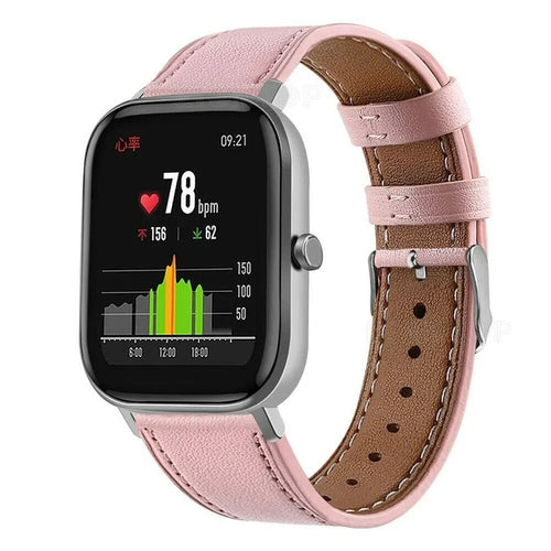 Modern Leather Strap, pink, on a watch, 3/4 front view