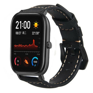 Leather Strap, black, on a watch, 3/4 front view
