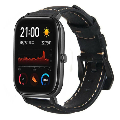 Leather Strap, black, on a watch, 3/4 front view