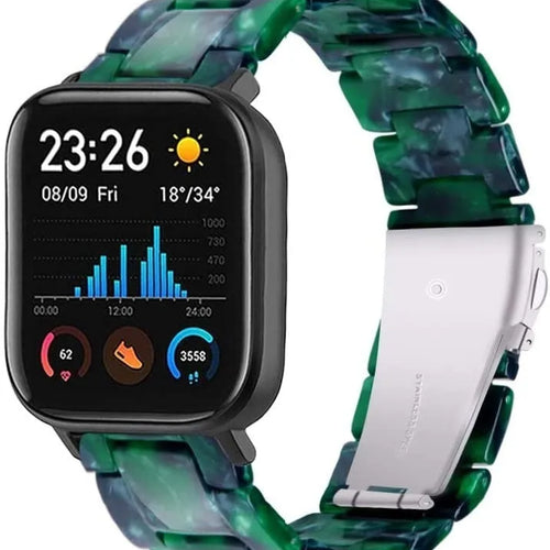 Metal Resin Strap, green, on a watch, 3/4 front view