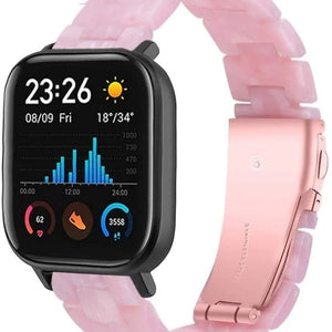 Metal Resin Strap, pink, on a watch, 3/4 front view