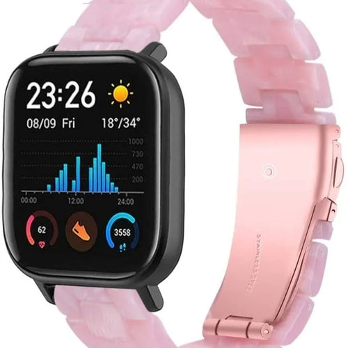 Metal Resin Strap, pink, on a watch, 3/4 front view