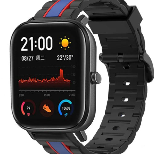 Silicone Special Edition Strap, black/blue, on a watch, 3/4 front view
