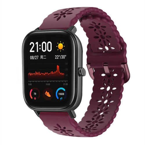 Patterned Silicone Strap, burgundy, on a watch, 3/4 front view