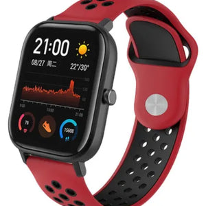 Silicone Sport Strap, red/black, on a watch, 3/4 front view