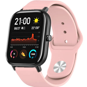 Silicone Sport Strap, pink, on a watch, 3/4 front view