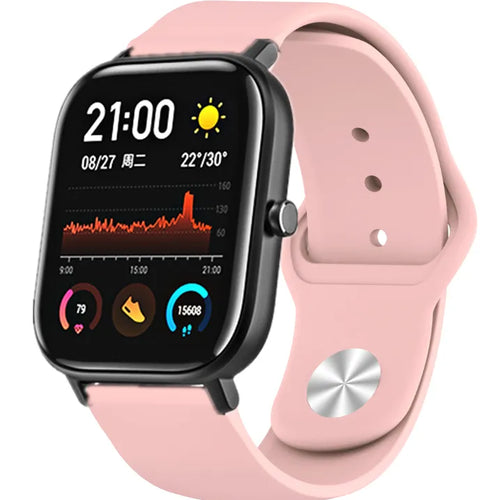 Silicone Sport Strap, pink, on a watch, 3/4 front view