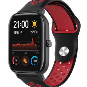 Silicone Sport Strap, black/red, on a watch, 3/4 front view
