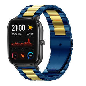 Steel Strap, blue/gold, on a watch, 3/4 front view