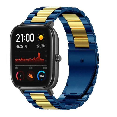 Steel Strap, blue/gold, on a watch, 3/4 front view