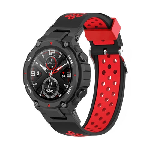 Silicone Sport Strap, black/red, on a watch, 3/4 front view