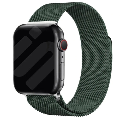 Milanese Strap, dark green, on a watch, 3/4 front view