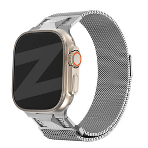 Milanese Strap 'Mecha', titanium silver, on a watch, 3/4 front view