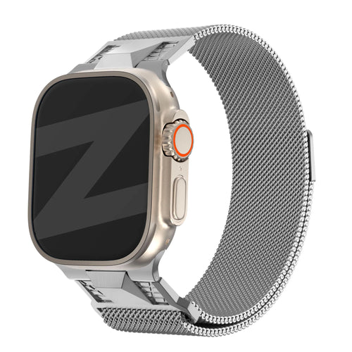 Milanese Strap 'Mecha', titanium silver, on a watch, 3/4 front view
