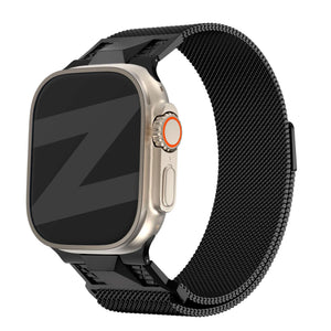 Milanese Strap 'Mecha', black, on a watch, 3/4 front view