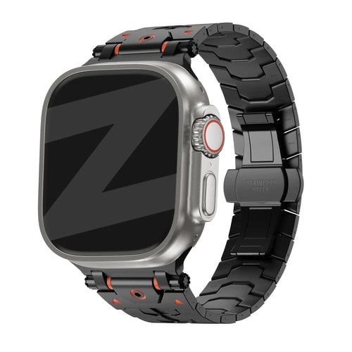 Metal Grain Strap 'Deluxe', black, on a watch, 3/4 front view