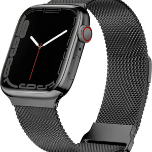 Milanese Strap with Buckle, black, on a watch, 3/4 front view