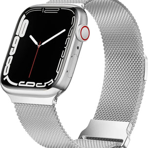 Milanese Strap with Buckle, silver, on a watch, 3/4 front view