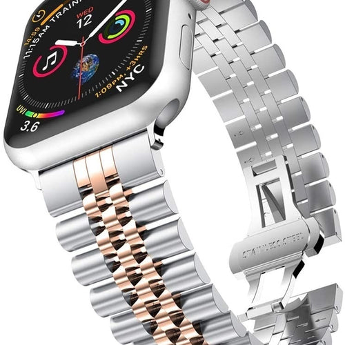 Jubilee Steel Strap, silver/rose gold, on a watch, 3/4 front view
