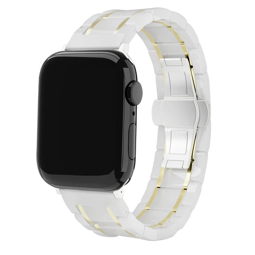 Metal Ceramic Link Strap, white/gold, on a watch, 3/4 front view