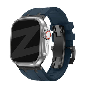 Silicone Strap 'Luxe Liquid', blue/black, on a watch, 3/4 front view