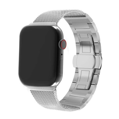 Milanese Steel Strap, silver, on a watch, 3/4 front view