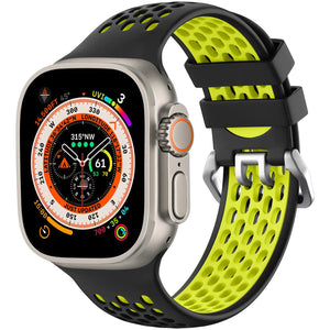 Silicone Buckled Sport Strap, black/yellow, on a watch, 3/4 front view