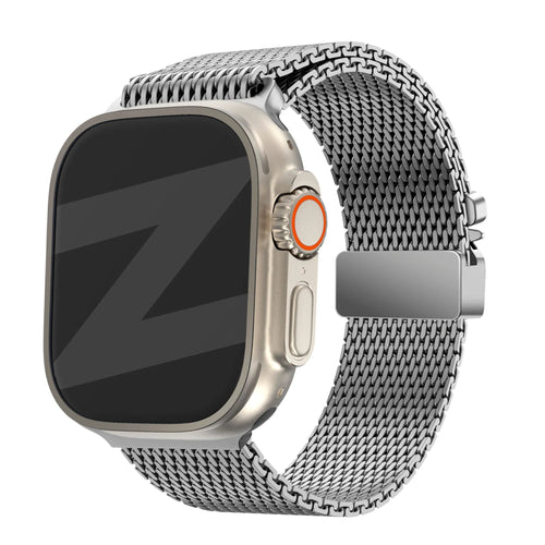 Milanese Loop Strap P-Buckle, silver, on a watch, 3/4 front view