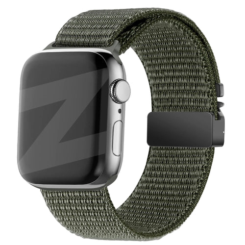 Nylon Strap 'Classic' P-Buckle, army green, on a watch, 3/4 front view