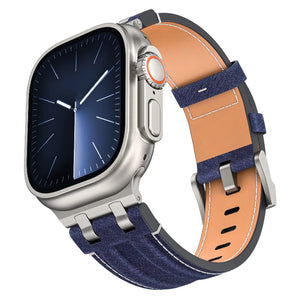 Denim Leather Strap, blue/silver, on a watch, 3/4 front view