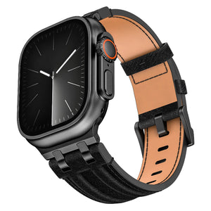 Denim Leather Strap, black, on a watch, 3/4 front view