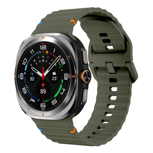 Wave Silicone Strap, army green, on a watch, 3/4 front view