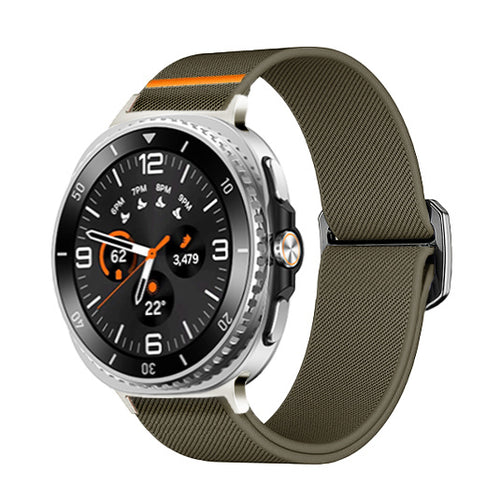 Nylon Elastic Strap, army green, on a watch, 3/4 front view