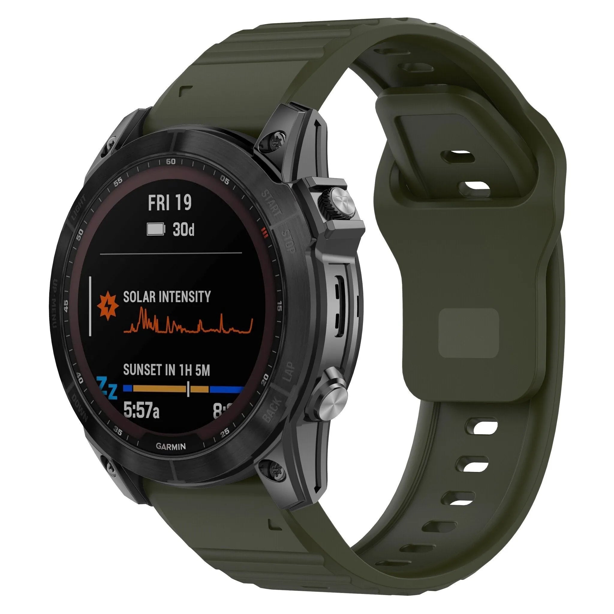 Outdoor Silicone Strap, army green, on a watch, 3/4 front view