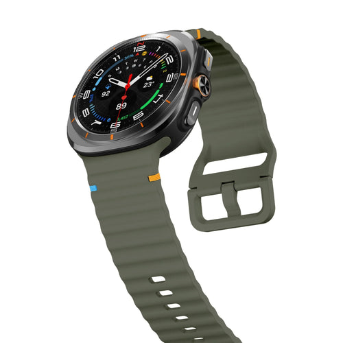 Wave Silicone Strap, army green, on a watch, 3/4 front view