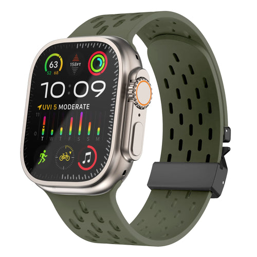 Silicone Strap 'Air' P-Buckle, army green, on a watch, 3/4 front view