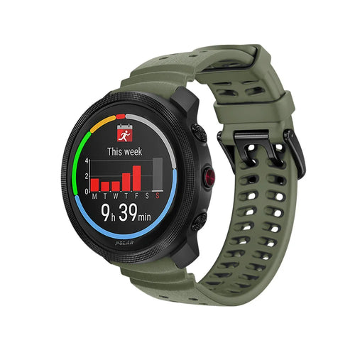 Silicone Grain Strap, army green, on a watch, 3/4 front view