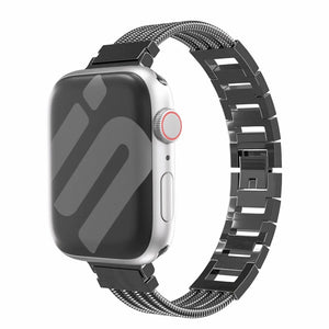 Metal Bracelet Strap, black, on a watch, 3/4 front view