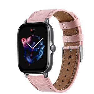 Modern Leather Strap, pink, on a watch, 3/4 front view