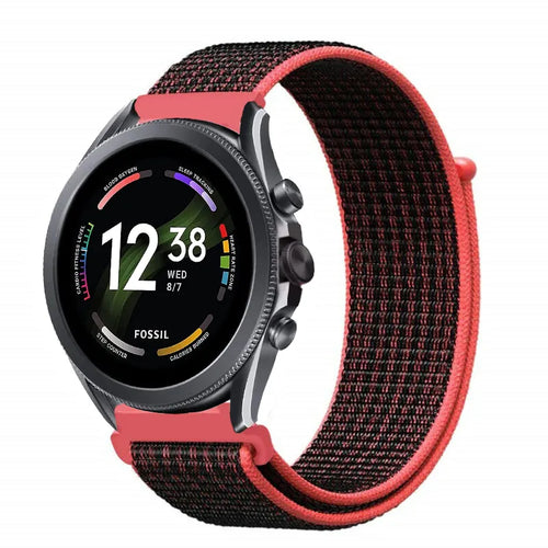 Nylon Strap, black/coral, on a watch, 3/4 front view