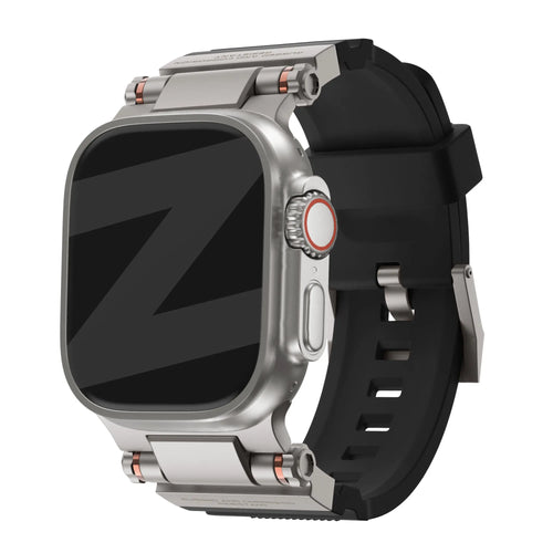 Silicone Strap 'Explorer', black with titanium, on a watch, 3/4 front view