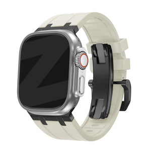 Silicone Strap 'Luxe Liquid', beige with black, on a watch, 3/4 front view
