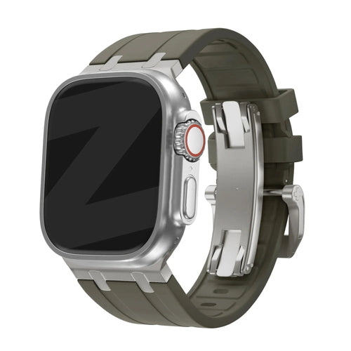 Silicone Strap 'Luxe Liquid', brown with titanium, on a watch, 3/4 front view