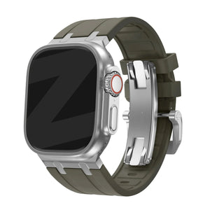 Silicone Strap 'Luxe Liquid', brown with silver, on a watch, 3/4 front view