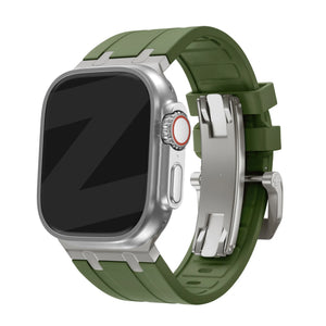 Silicone Strap 'Luxe Liquid', green with titanium, on a watch, 3/4 front view