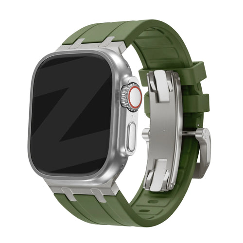 Silicone Strap 'Luxe Liquid', green with titanium, on a watch, 3/4 front view